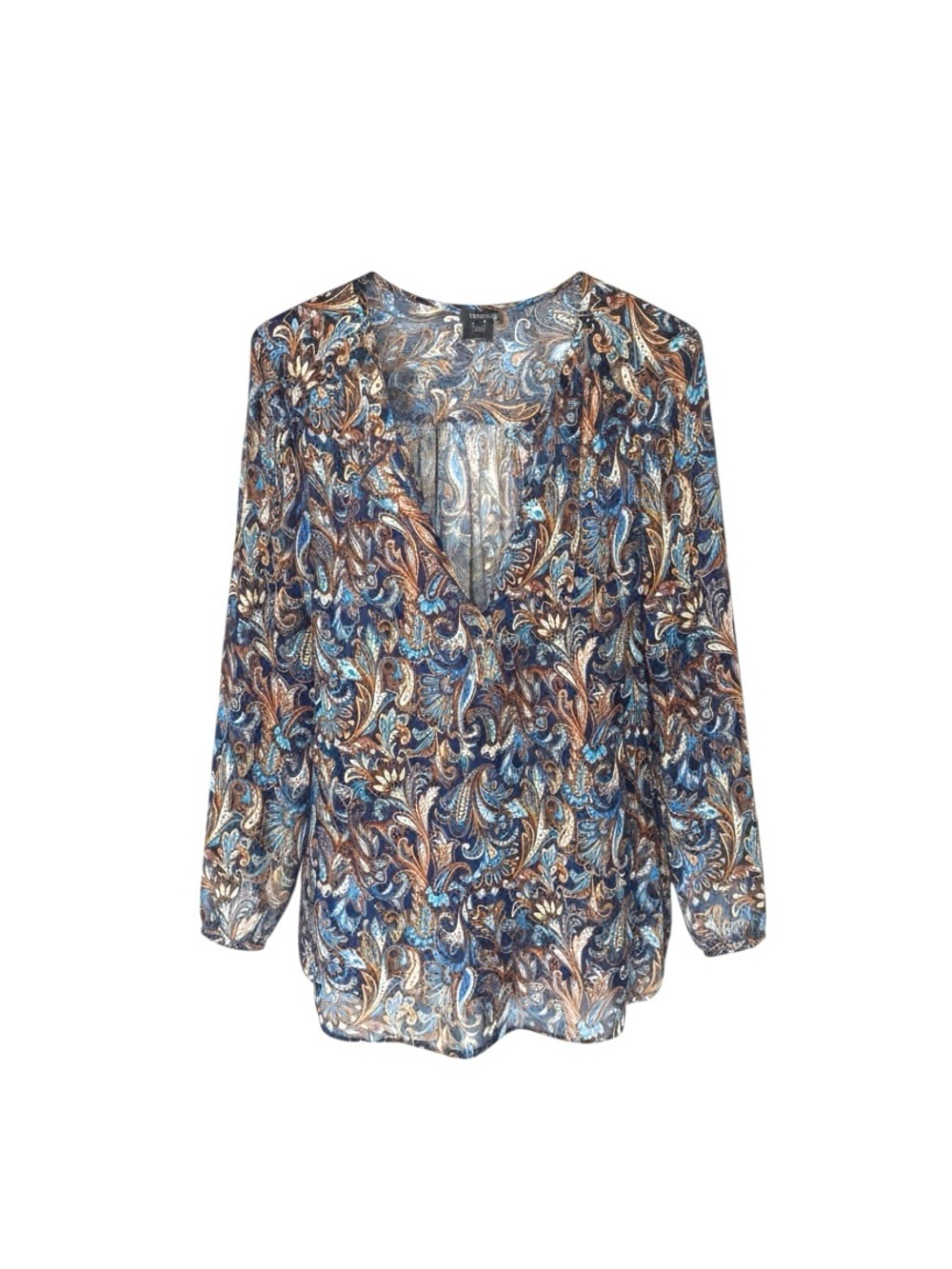 Karen Kane Blue and Brown Paisley V-Neck Blouse